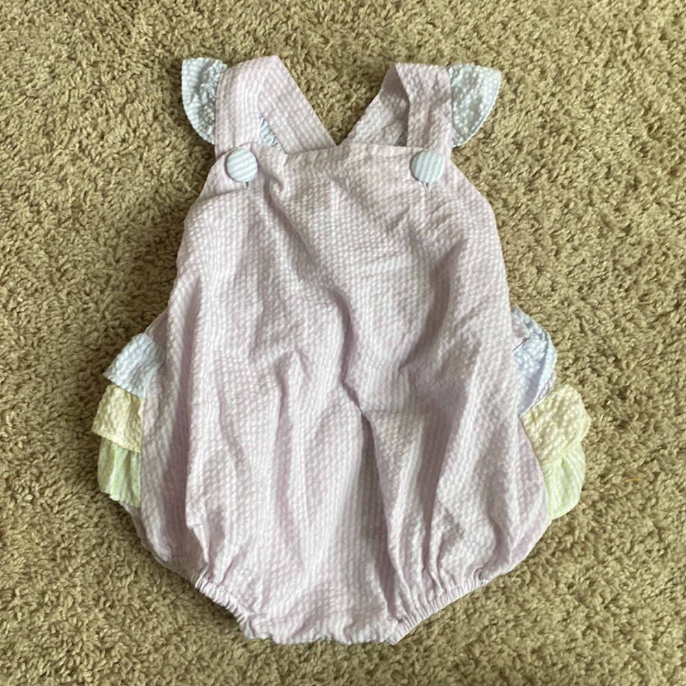 Banana split bubble/sunsuit with cross back and ruffle butt